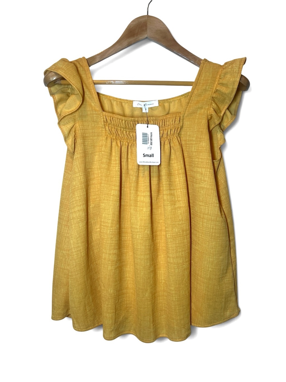 Ces Femme Small Mustard Yellow Ruffle Sleeve Smocked Square Neck Boho Blouse